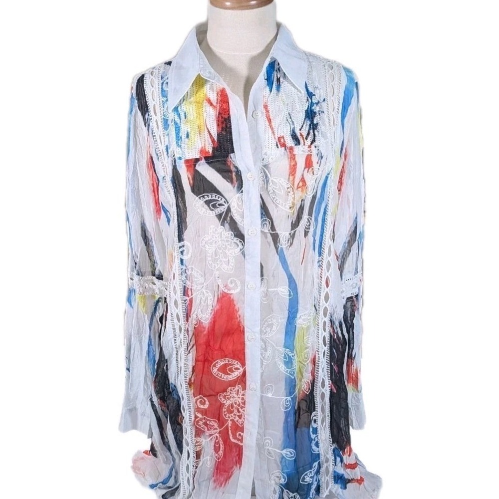 Alberto Makali VTG‎ Y2K 90s Art to Wear Sheer  Embro Funky Boho Tunic Top Sz L